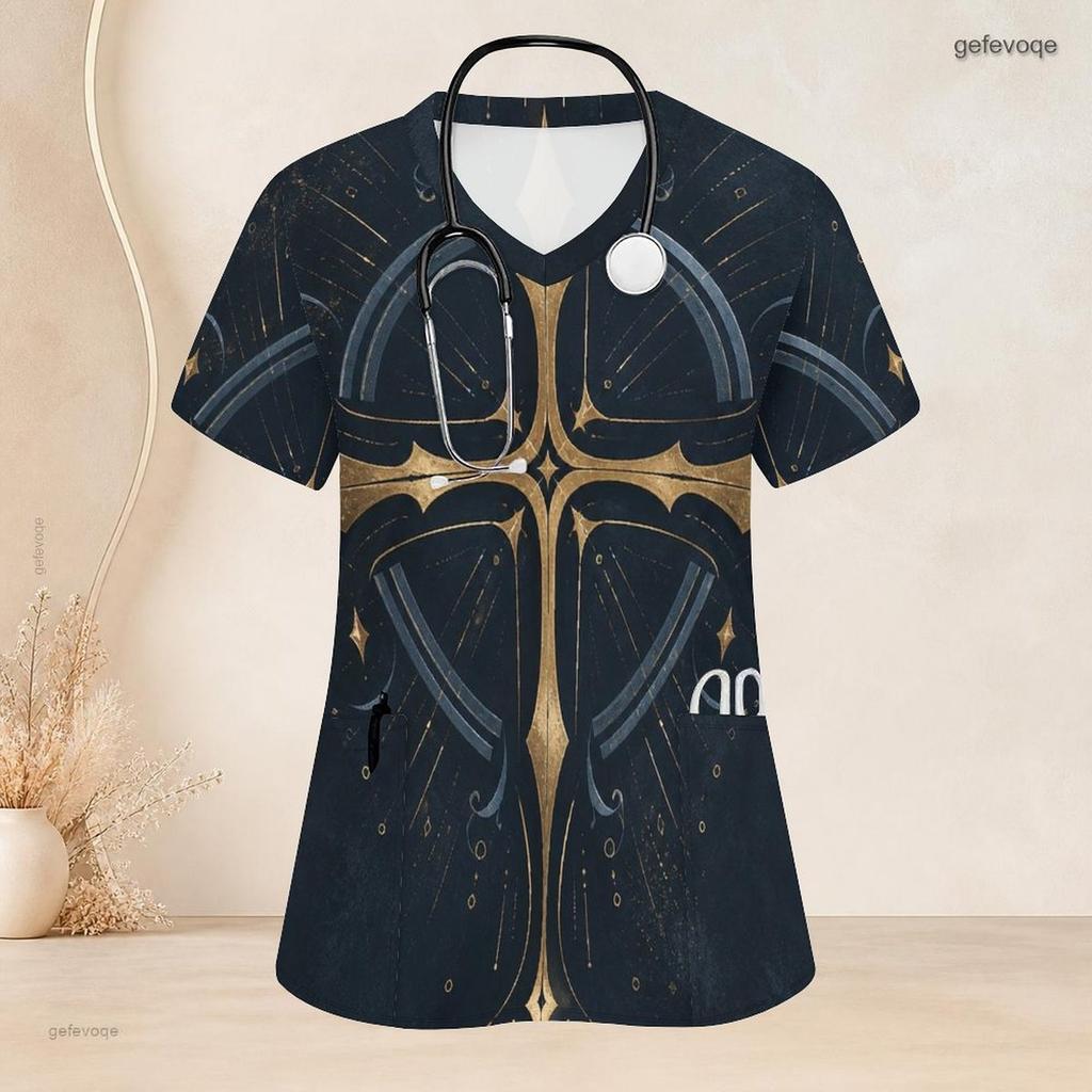 Women Plus Size Eagle Printed Nurse Scrub Top V Neck Short Sleeve With Front Pockets