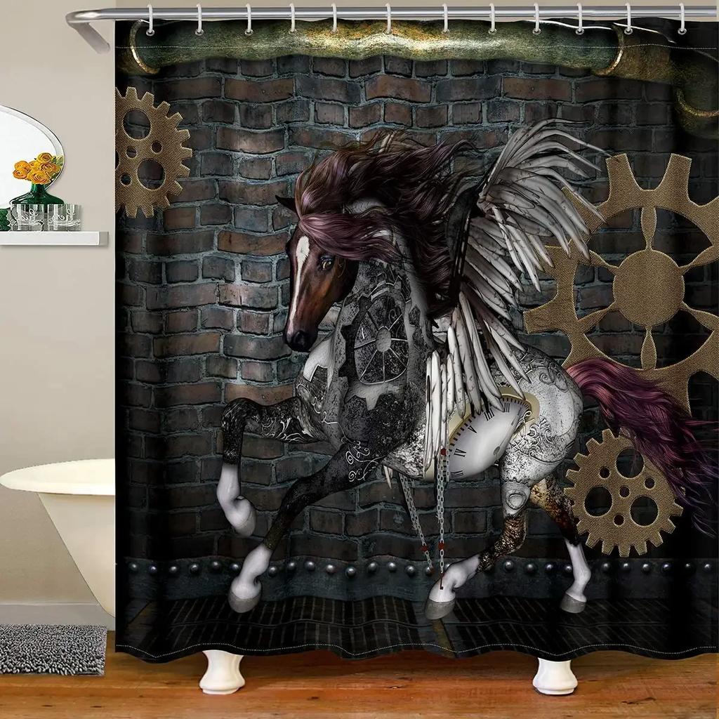 Retro Steampunk Clocks and Gears Shower Curtain Mechanical Clocks Details Over Old Metal Cloth Fabric Bathroom Curtain Set,hooks