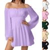 Women's Fashion Off-Shoulder Tie-Detail Pleated Long-Sleeve Fitted -Color Short Dress