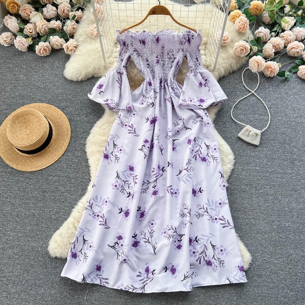 Floral Print Strapless Dress Women French Slash Neck Flare Sleeve Elastic Waist Lady Vacation Fashion Slm A Line Dress