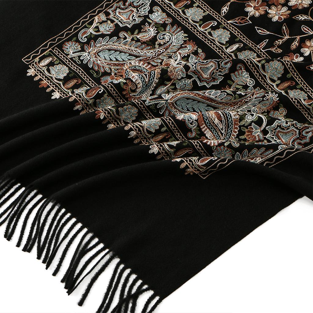 Woman Winter Warm Embroidery Floral Scarf Pashmina Shawl Tassel Scarves Fashion Long Wrap Solid Cashmere Like Mulffer 190*90Cm