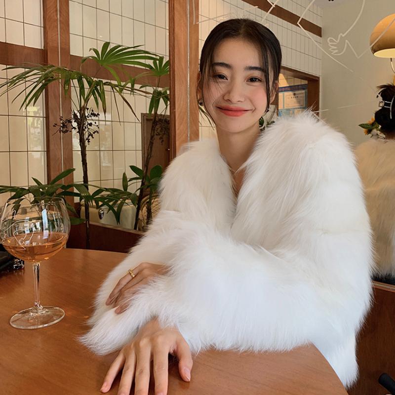 Winter New Elegant Long Sleeve Fox Fur Jackets Women Fashion Vintage Slim Plush Warm Casual Coats Women Solid Loose Office Ladies Jacket Tops 25879