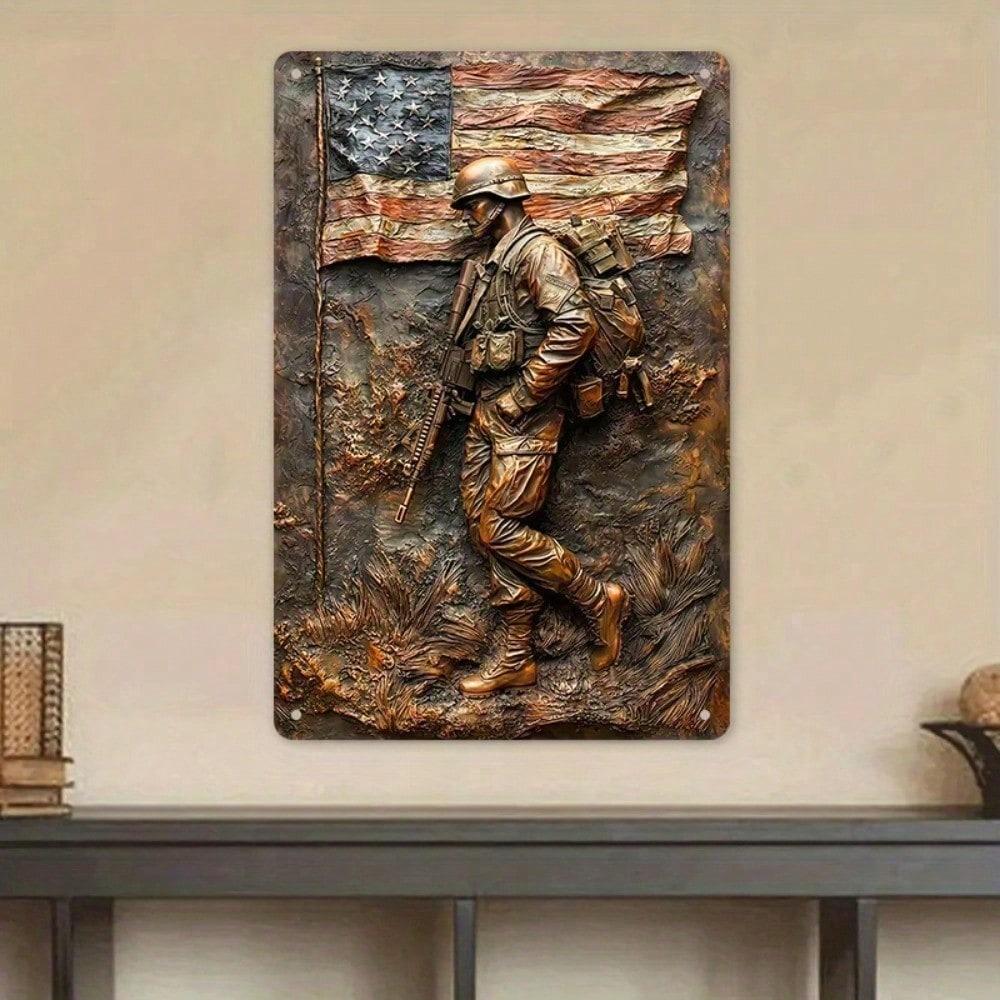Vintage Patriotic Soldier Metal Wall Art American Flag Tin Sign Military Decor 8x12 Inches 20x30 CM 20x30 разноцветный