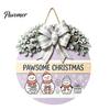 Indoor Outdoor Porch Ornament Christmas Wooden Welcome Sign for Front Door, Round Hanging with Handmade Craft Artificial Pine Branches & Bow
