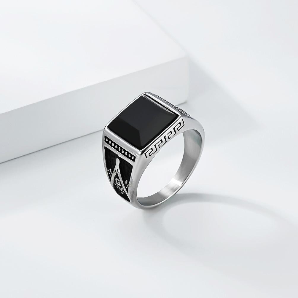 Retro Trend Titanium Steel Imitation Black Gem AG Freemason Spiral Pattern Ring for Men