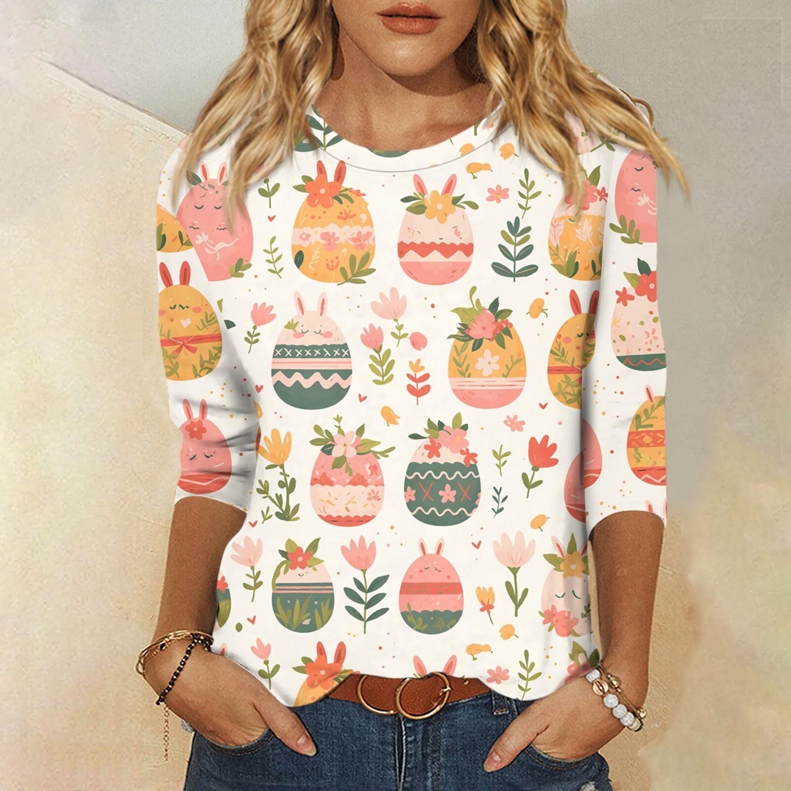 

Топы с рукавами 3/4 для женщин, футболка, повседневные топы с принтом, футболка, пуловер с круглым вырезом, блузка L бежевый