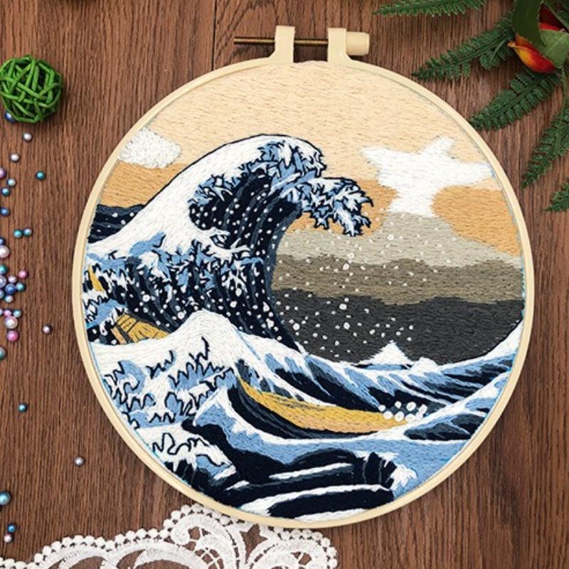1 PC Kanagawa Great Wave off Kanagawa Pattern Embroidery DIY Fabric Craft Kit with Tools