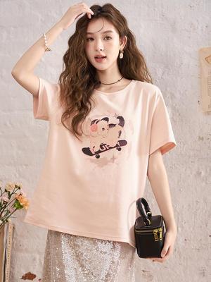 T-shirt for Women 2024 New Vintage Cotton Printing Niche Design Casual O-neck Elegant Pullover Tops MXD11T0165