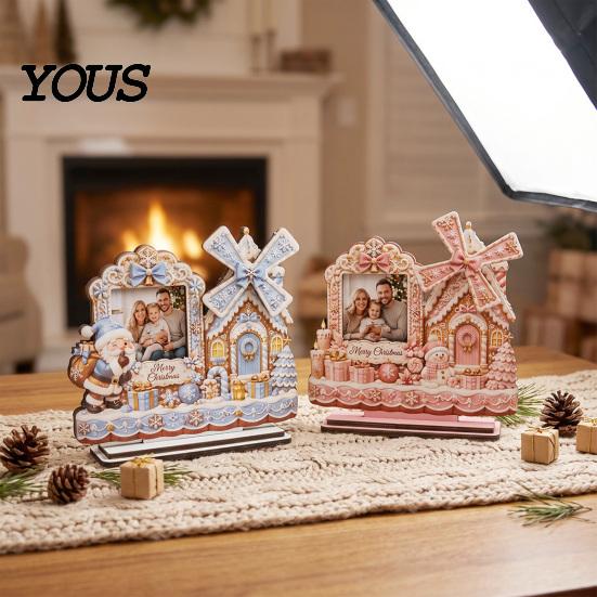 Christmas Photo Frame 2D Gingerbread House Wooden Frame, Spinning Windmill Picture Xmas Cottage Ornament Desktop Holder for Home Fireplace Table Decor