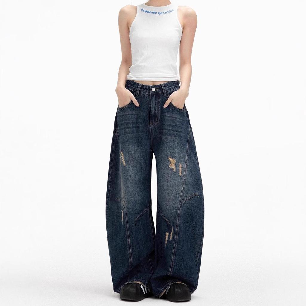 2025 American Retro Women's Ripped Wide-Leg Jeans