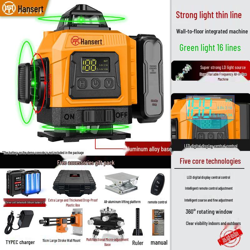 16-line High Precision Green Laser Level with Automatic Leveling for Indoor/Outdoor Use