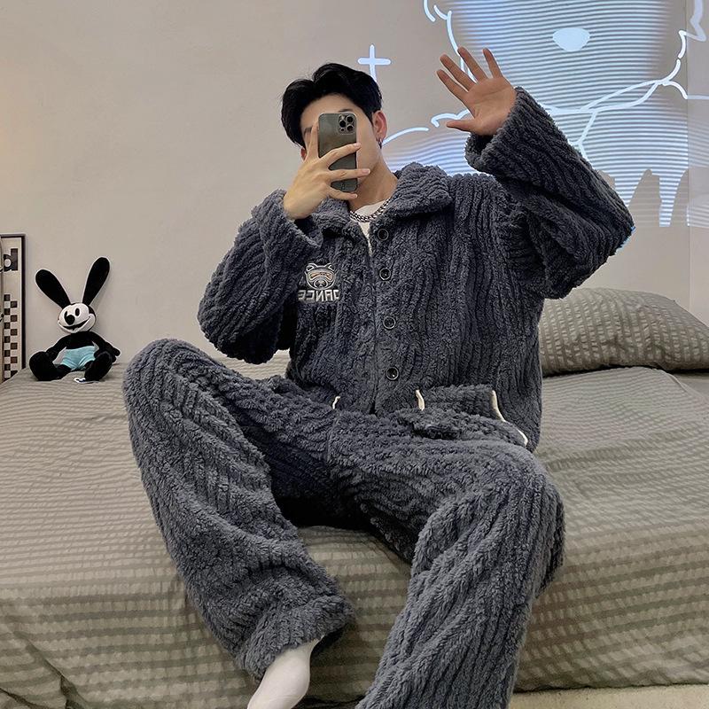 Men's V-Neck Cardigan Flannel Pajama Set - Coral Fleece, Thick, Korean Style, Large Size, 2023 Autumn/Winter