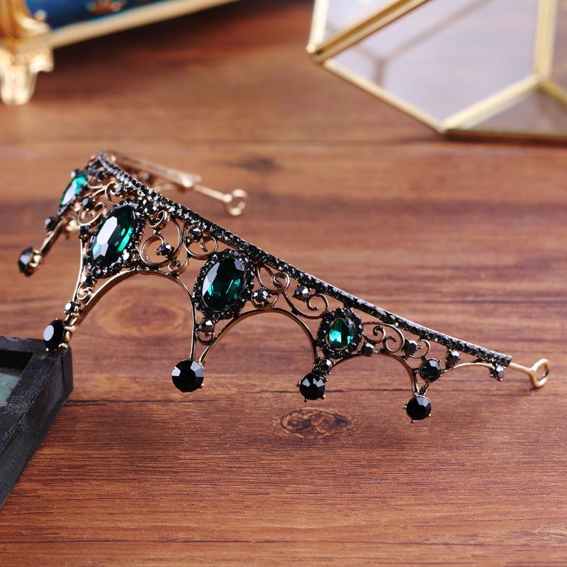 Green Alloy Bridal Crown Black Wedding Hair Crown Queen Crystal Rhinestone Headband