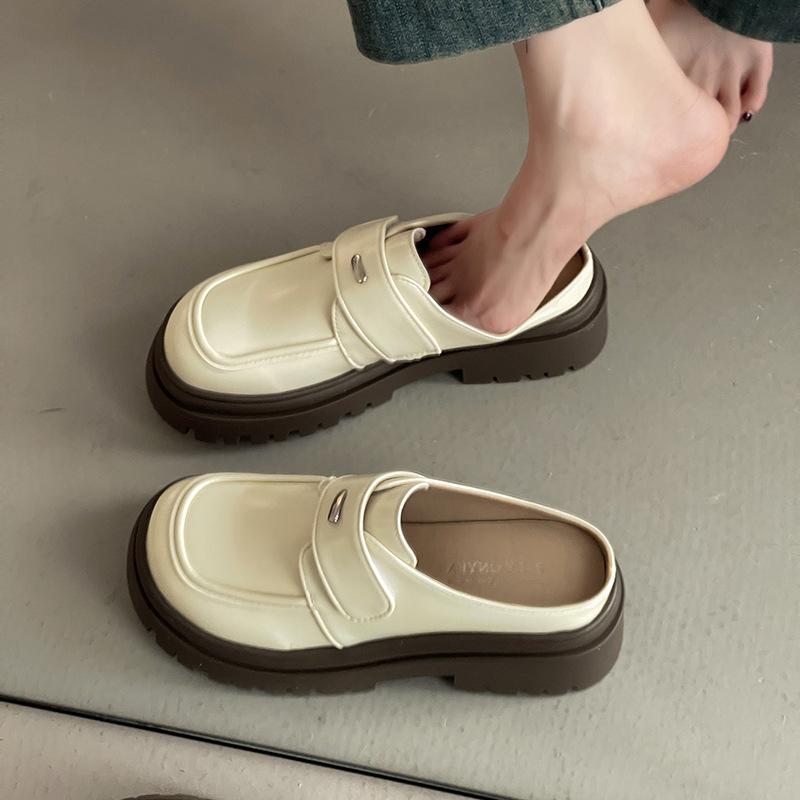 Ji Xiao leather shoes casual Velcro women's imitation leather retro one-pedal platform slippers tide