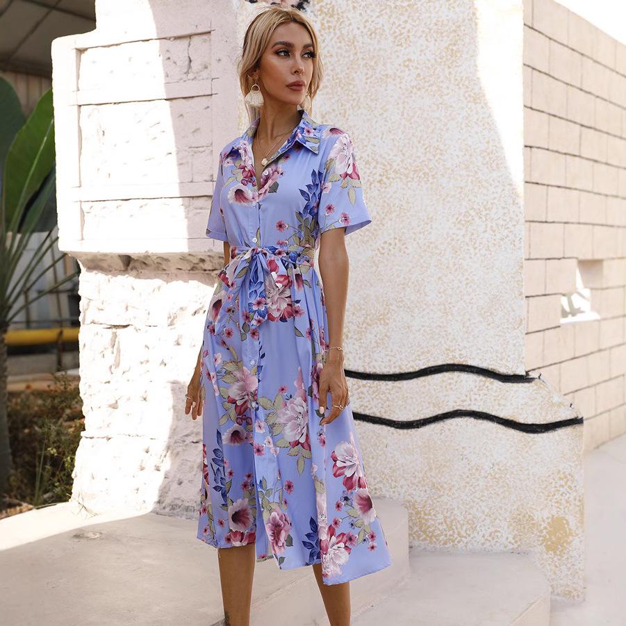 

Женское платье-рубашка с коротким рукавом и цветочным принтом, с поясом на талии и боковым разрезом XXL