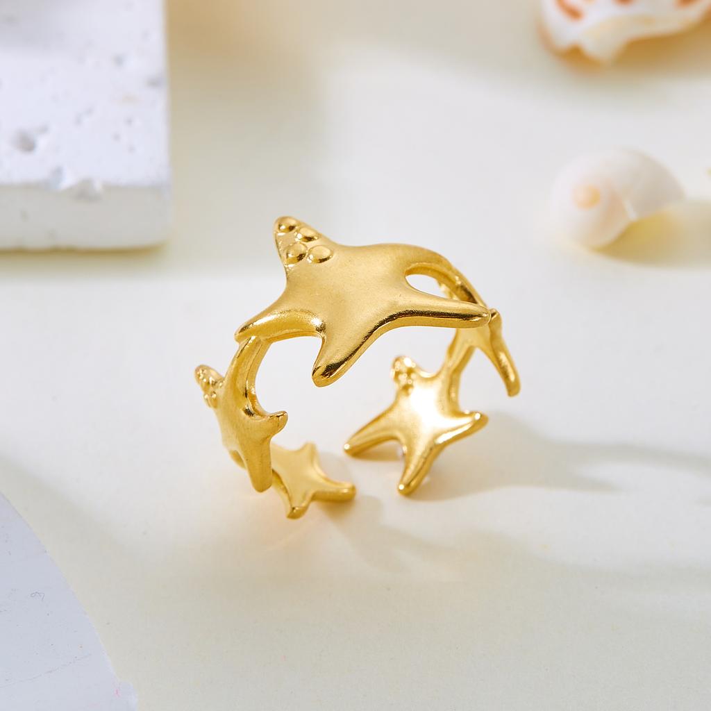 Stainless Steel Shell Rings For Women Vintage Gold Color Starfish Conch Adjustable Finger Ring Summer Ocean Beach Party Jewelry
