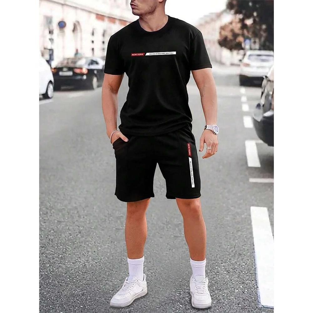 Urban street mode trend herr rundhalsad kortärmad kostym utomhus enkel rundhalsad topp vardagliga och bekväma shorts