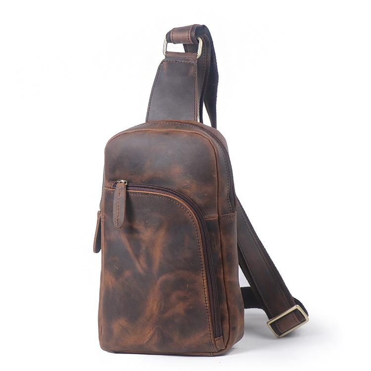 Men'S Vintage Leather Breast Bag Women'S Crazy Horse Leather Crossbody Bag Large Capacity Cowhide Shoulder Bag