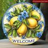 Round Green Leaves Yellow Lemons Blue Flowers Metal Tin Sign Aluminum Wall Art for Home Cafe Garage Dining Room Decor