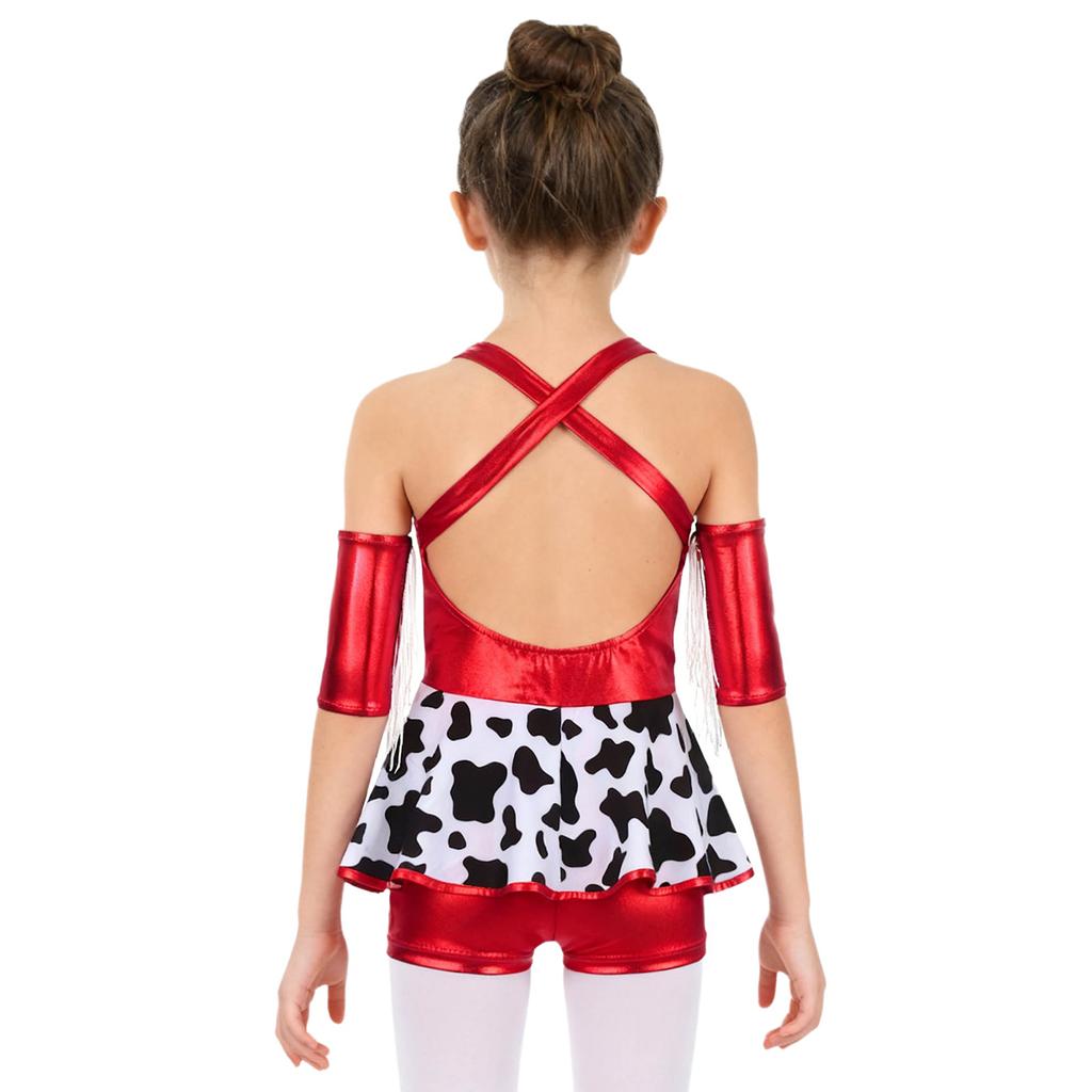 Mädchen Cowgirl Party Kostüm Metallisch Glänzendes Kleid Fransen Design auf der Brust Kreuzförmige Schulterträger Rückenfreies Oberteil mit Shorts