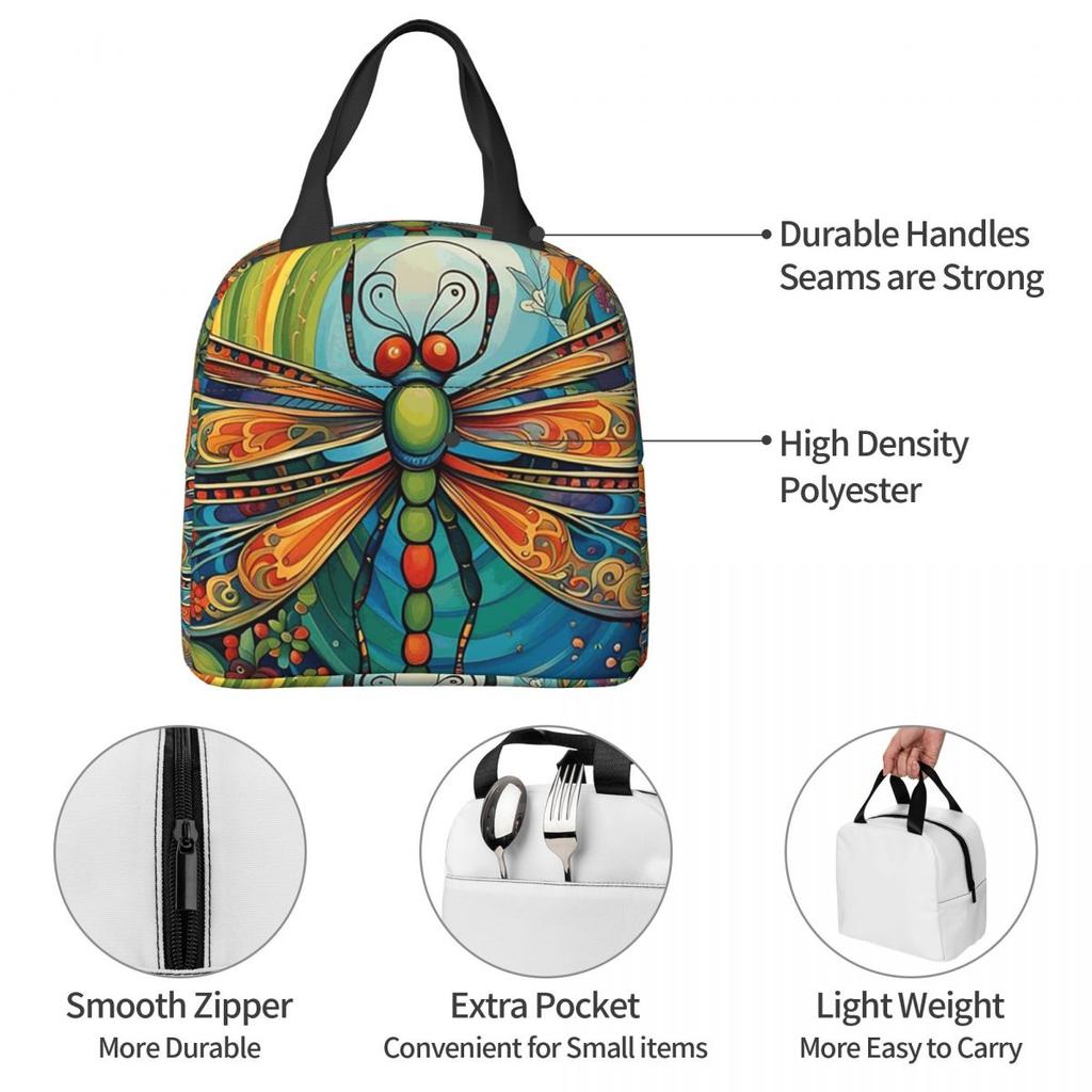Colorful Dragonfly With Flower Insulated Lunch Bag for Women Kids Leakproof Food Boxes Thermal Lunch Box Tote