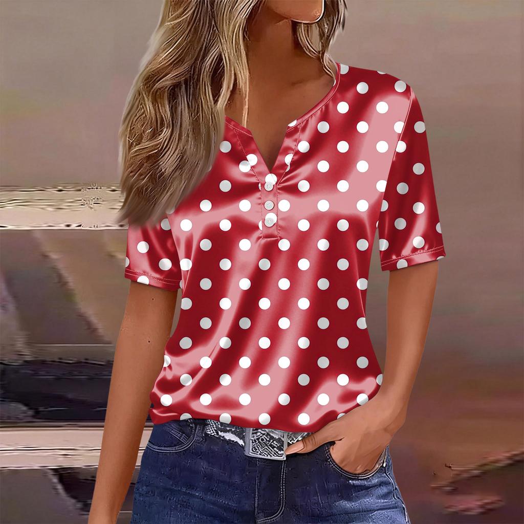 Women's Fashionable Casual Plaid Polka Dot Print Collar Short-sleeved Button T-shirt Top