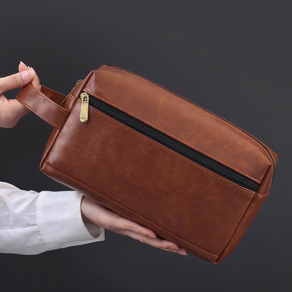 Men Leather Travel Business Shaving Cosmetic Pouch Strorage Bag Portable Toiletry Bag Large Capacity Organizer Handheld Toiletry Kits