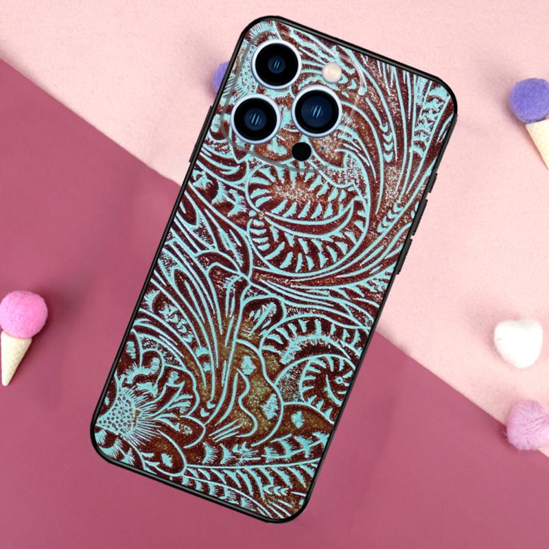 Brown Tooled Leather Pattern Case For iPhone 16e 16 15 Pro Max 11 12 13 Mini 14 15 Pro Max 15 Plus XR Phone Back Cover