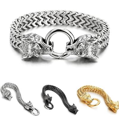 Stainless Steel Viking Wolf Head Bracelet with Franco Link Chain for Men