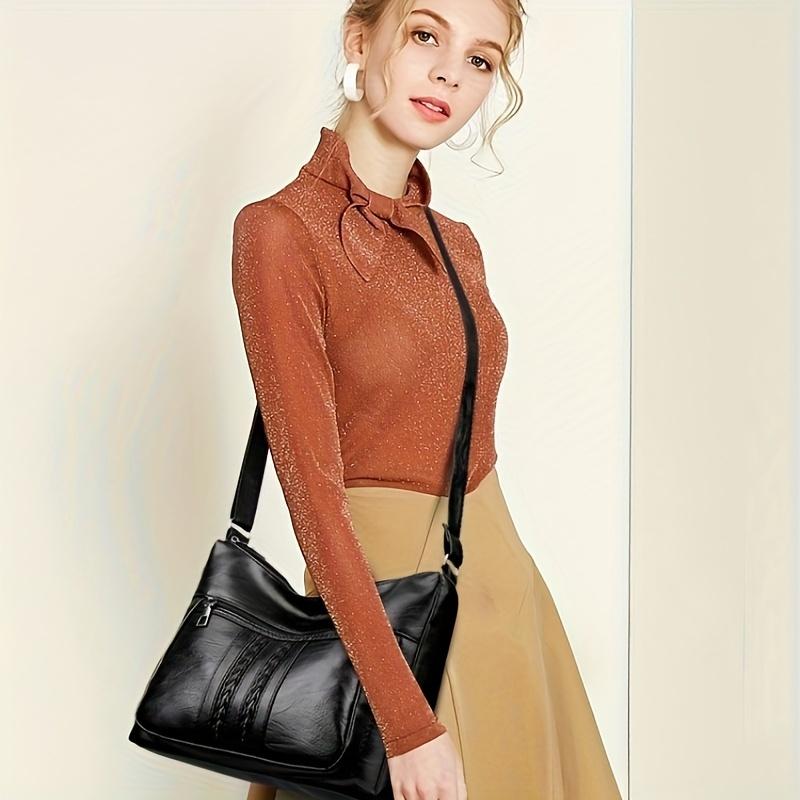 Women's Large Capacity Soft PU Leather Shoulder Bag With Multiple Zipper Compartments, Simple Crossbody Casual Purse