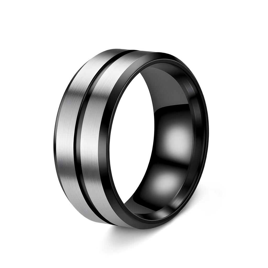 Fashionable 8mm Men's Black Stainless Steel Wedding Ring with Black Groove Beveled Engagement Ring, Suitable for Men's Valentine