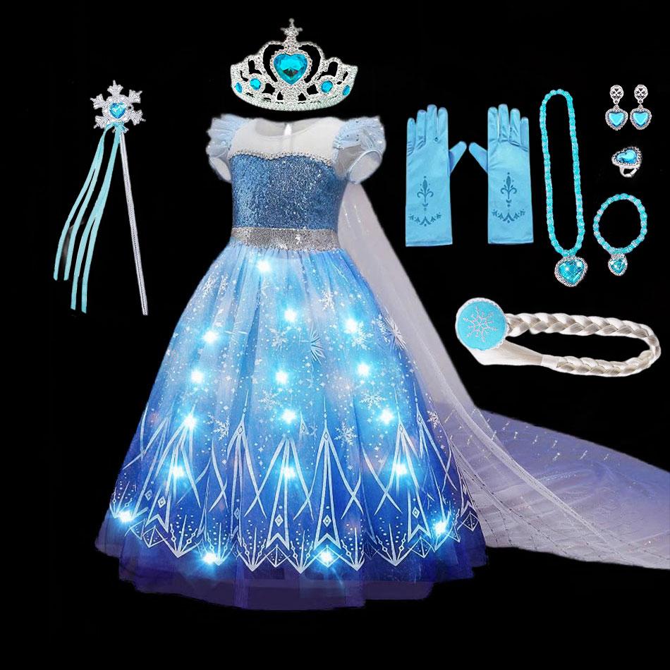 Halloween Girl Elsa Role Playing Dress Light Up Halloween Frozen Carnival Apparel Girls Birthday Cosplay Princess Glowing Dress