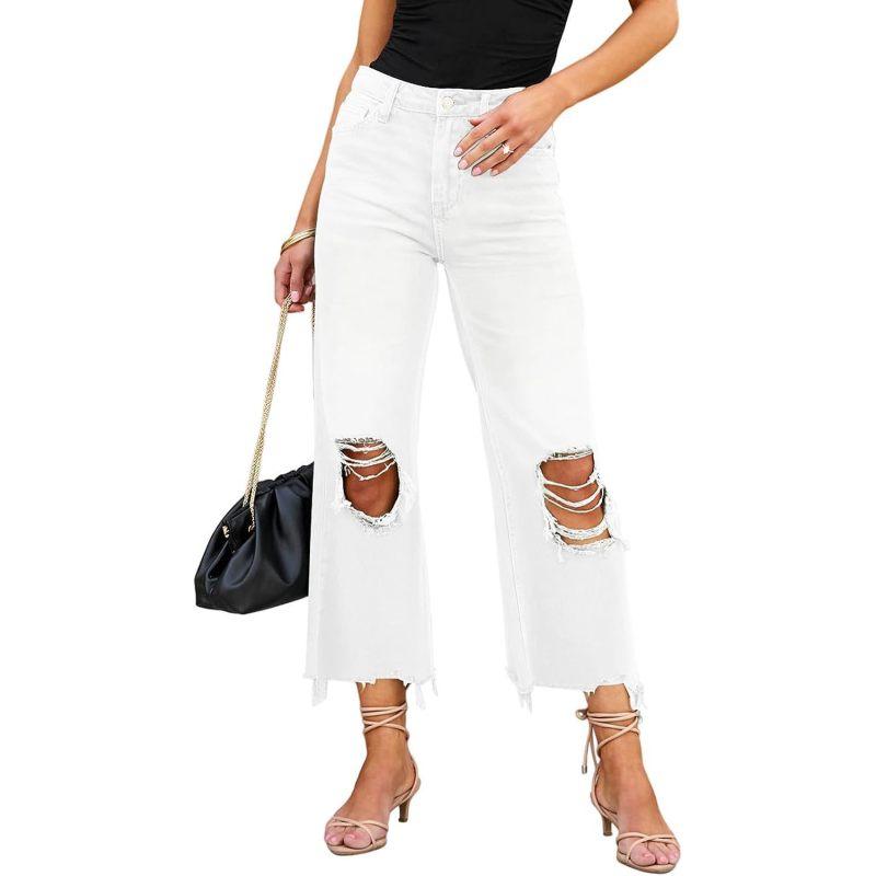 

Европа и США Женские рваные джинсы Женские прямые свободные джинсы S белый