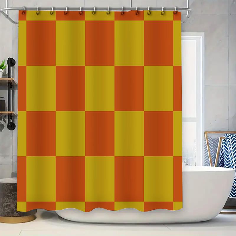 

Checkered Shower Curtain Modern Bath Decor For Home Living Room Bright Colors Design Washable Fabric With Hooks Orange Yellow Ch W60H190(CM)-1 Pcs