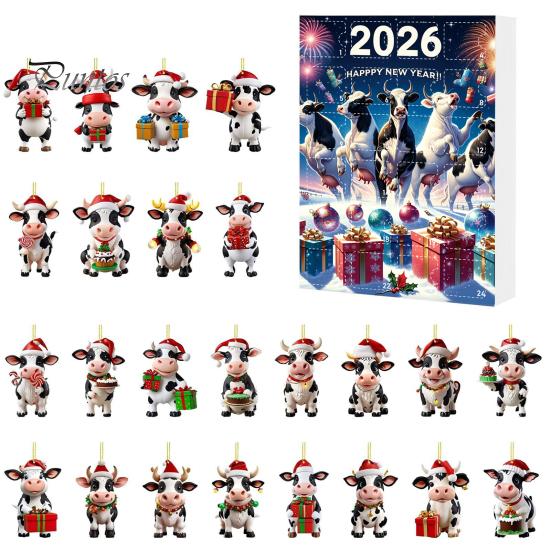Decorative Ornaments for Backpacks Keys Christmas Cow Ornament Advent Calendar 2026, 24 Days 2D Acrylic Hanging Pendant Creative Holiday Gift