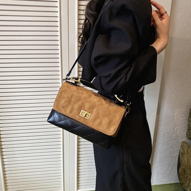 Contrasting Color Retro Suede Small Bag Women's New Versatile Messenger Bag Fashion Handbag Small Square Bag