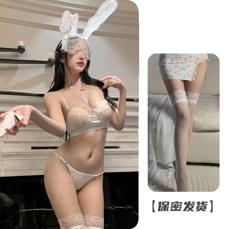Night Crisp Sexy Bra Panty Set European and American Semi-transparent Perspective Lace Mesh Lace Sex Underwear