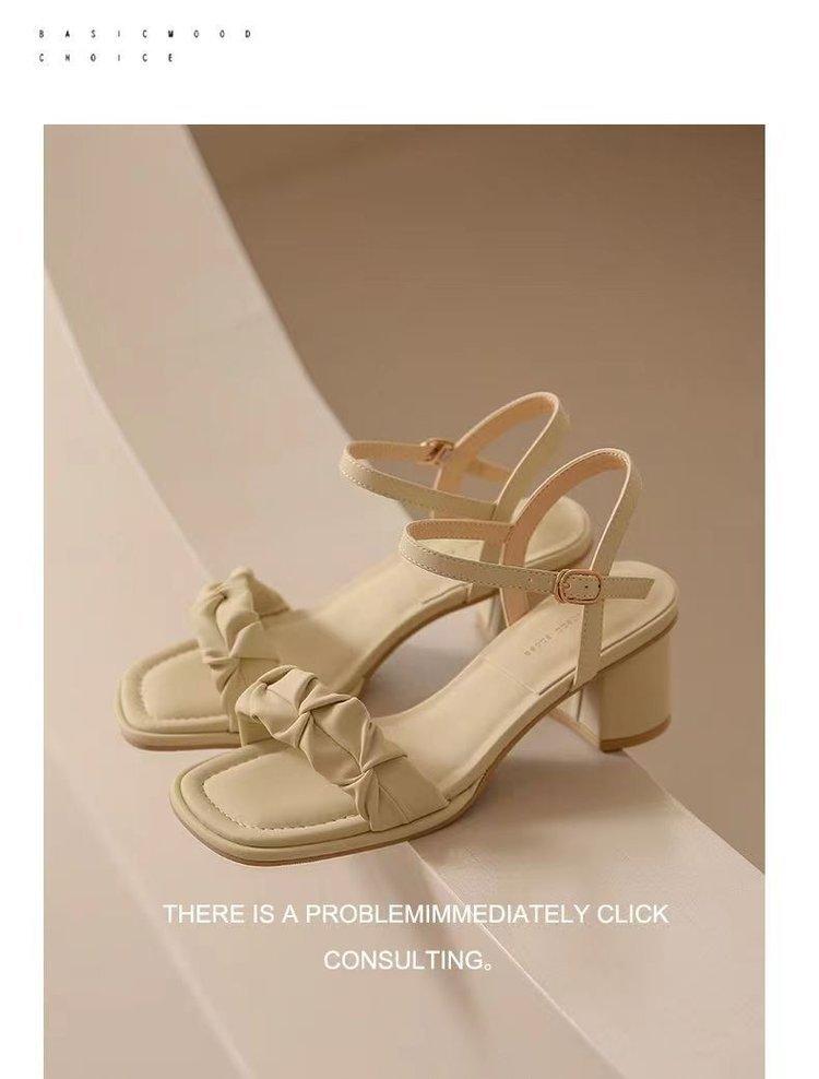 French One-word Buckle Sandals 2025 Summer New High-end Versatile Thick-heeled Temperament Single Shoes Fashion High Heels