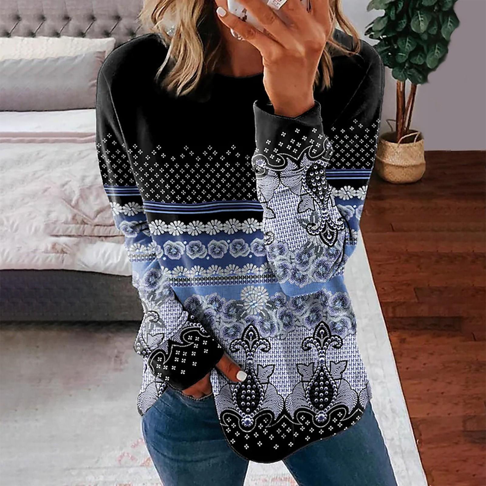 

Ladies Casual Flower Print Long Sleeve Round Neck Pullover T-Shirt Top XL синий
