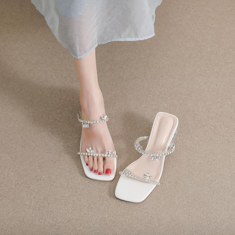 

Fashion crystal beading transparent sandals women clear high heels slides summer shoes woman rhinestone rivets sandalias mujer slippers 40 чёрный