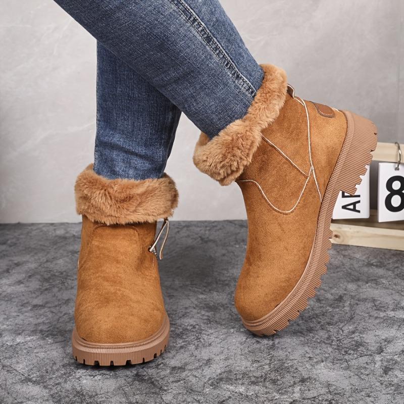 Women's Round-Toe Short Boots Plush Faux Thick Rubber Sole Chunky Heel Zipper Winter Casual Dressy Brown Booties for Jeans