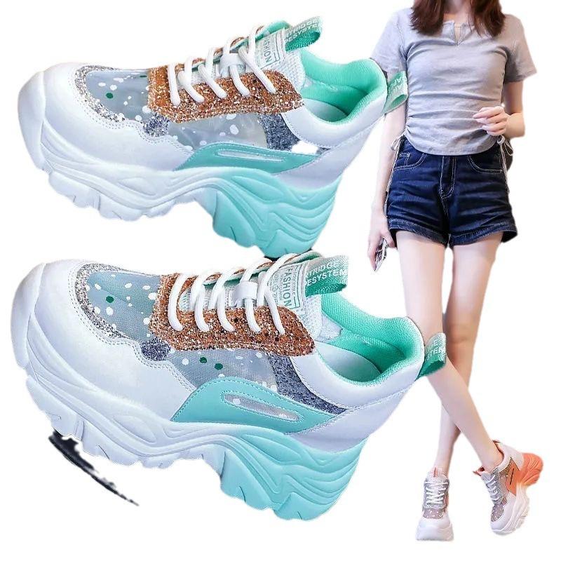 Fashion Shoes for Women Platform Shoes Autumn Women Casual Breathable Mesh Sequin Sneakers Wedges Sports Lace-up Non-slip Shoes