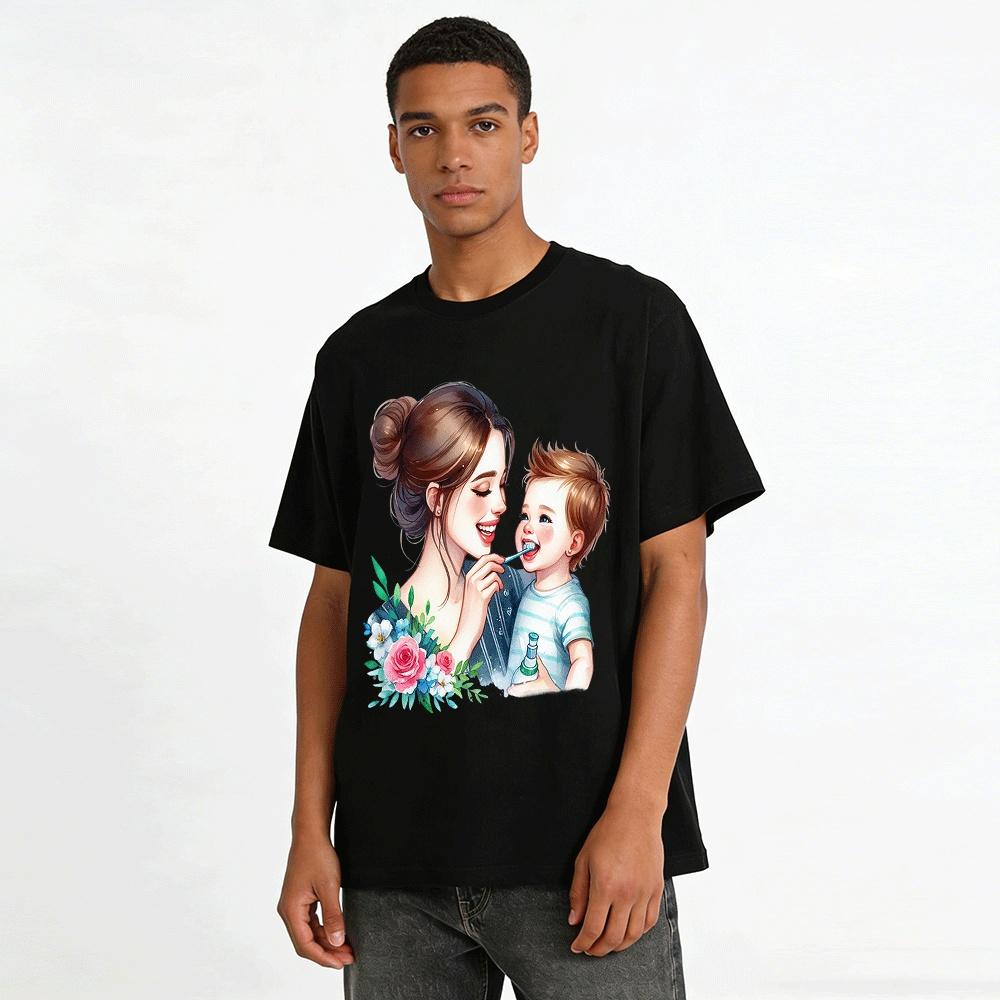 Mom And Baby Brushing Teeth Print Casual Parent-child Top Pure cotton T-shirt