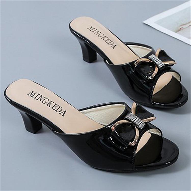 Women's Summer Clip On Middle-High Heel Slippers Casual Fish Mouth Bow Outdoor Slim Heels Sandals 35-42