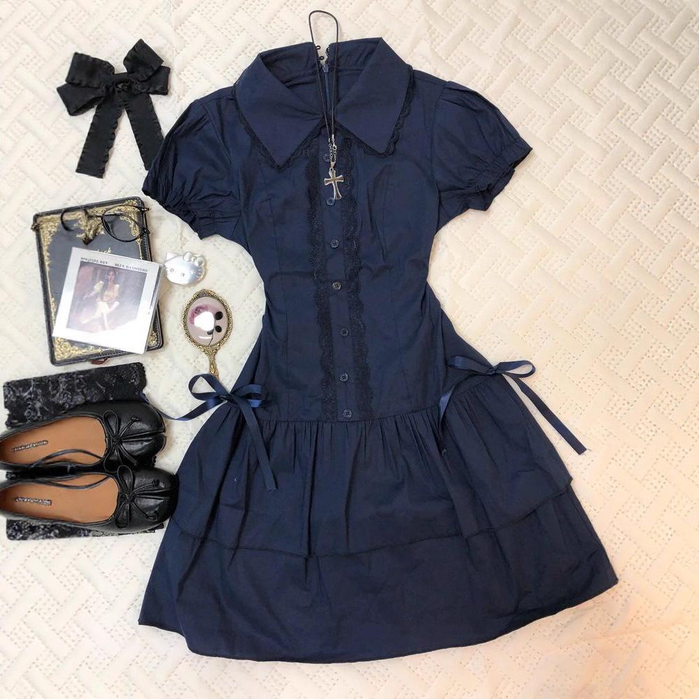 Vintage Wear College-Stil Spitzensaum-Patchwork Blaues Vintage-Hemdblusenkleid Vintage-Kurzrock