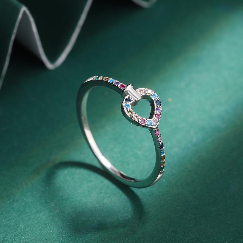 Creative Love Shape S925 Silver Ring for Women's Simple Colorful Zircon Ring Jewelry Anniversary Gift Sterling Silver Jewelry