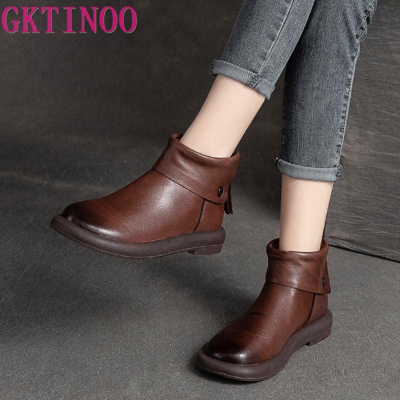 GKTINOO 2024 New Autumn/Winter Shoes Women Boots Genuine Leather Flat With Handmade Candy Color Round Toe Leisure Ladies Boots