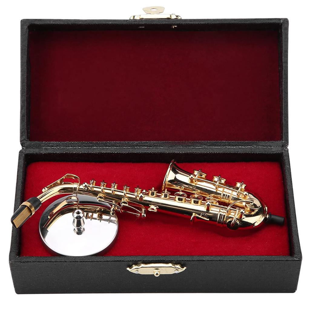 Miniature Alto Saxophone Replica with Stand and Case, Gold-Plated Instrument Model Decor