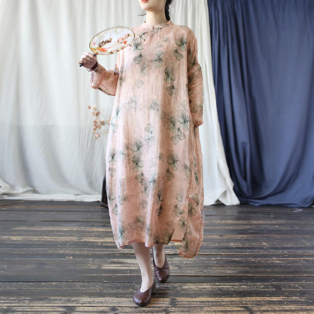 Johnature Vintage Women Dress Autumn Print Floral Stand Long Sleeve Button A-Line High Quality Dress