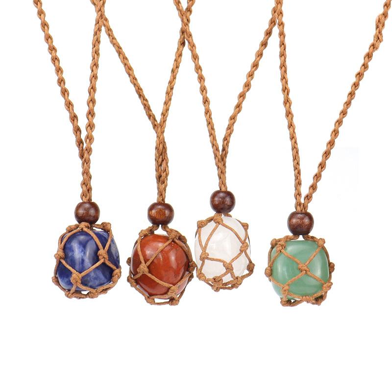 Natural Stone Crystal Rough Stone Mesh Pocket Hand-Woven Necklace Pendant, Adjustable N558
